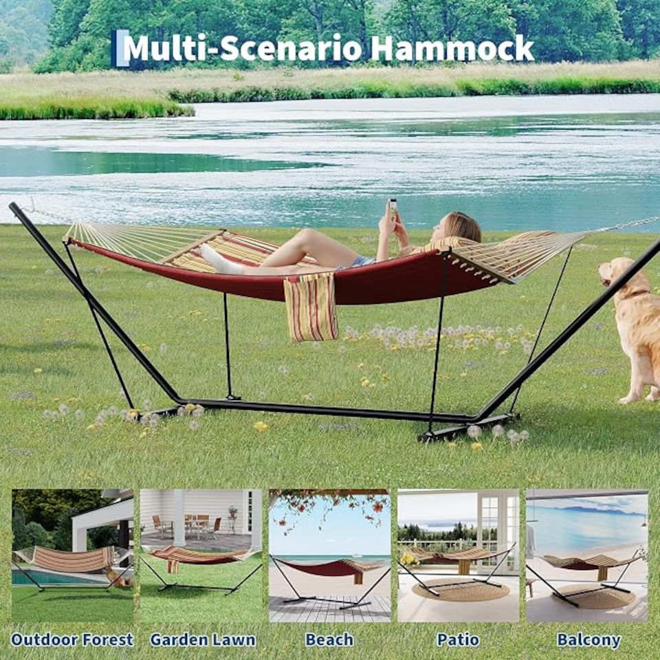 image 1 of London Boutique Double Hammock with Steel Stand, Burgundy Brown 3.65L x1.4W m