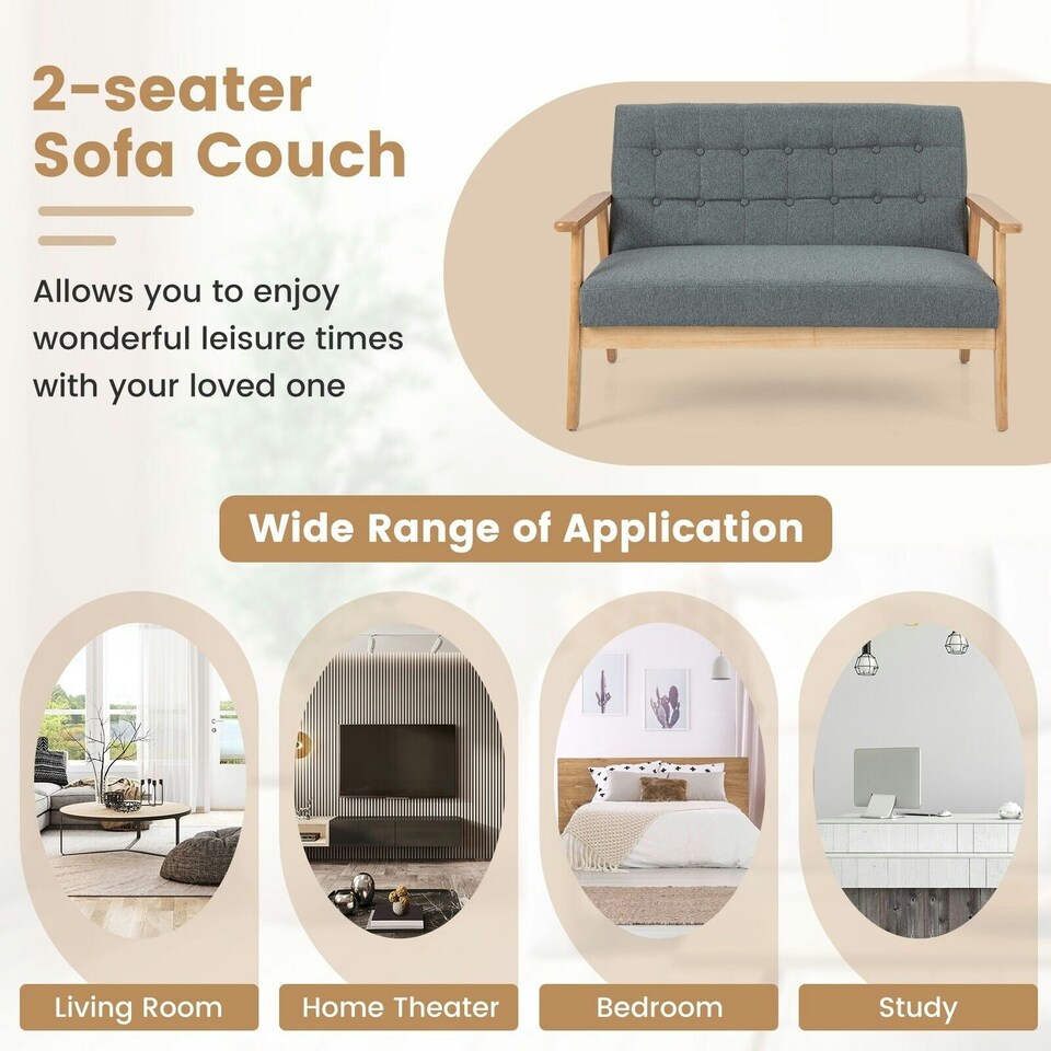 image 1 of COSTWAY Wooden 2-Seater Loveseat Upholstered Lounge Chair Grey