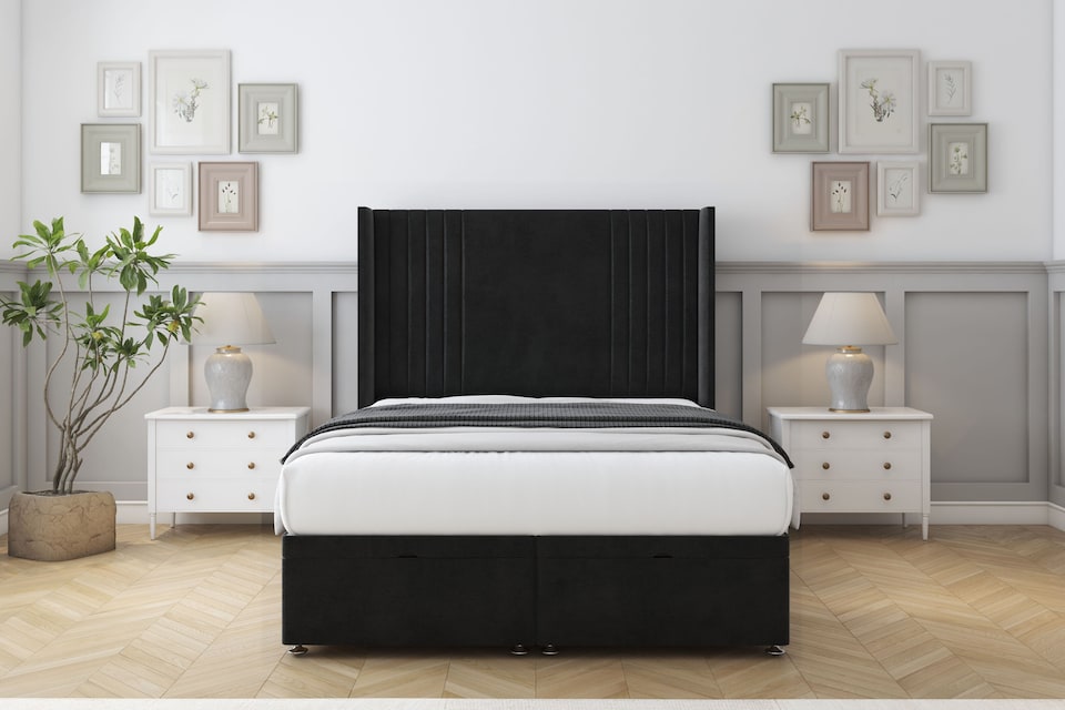image 1 of Sloomy Camden Black Plush Ottoman Bed With Mattress With 54" Wingback Headboard 4'6 Double