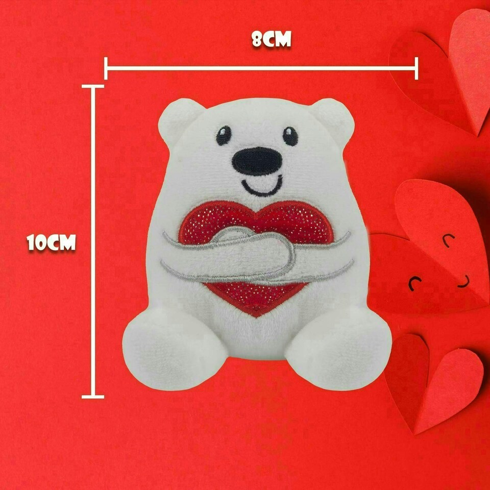 image 1 of Valentines Love Bear Soft Toy Hugging Shiny Heart Cute Plush Cuddly 10cm White