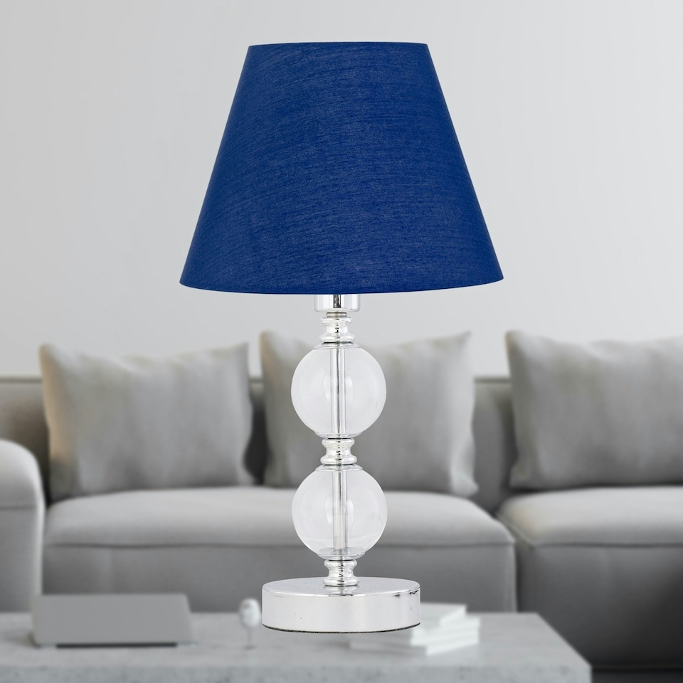 image 1 of Chrome Two Ball Table Lamp with Navy Blue Shade Chrome | Blue