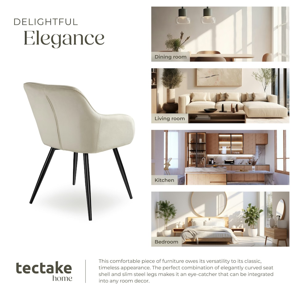 image 1 of Dining Chair Marilyn - with armrests, padded, velvet look, black steel legs - Set of 2 Cream | Cream/Black