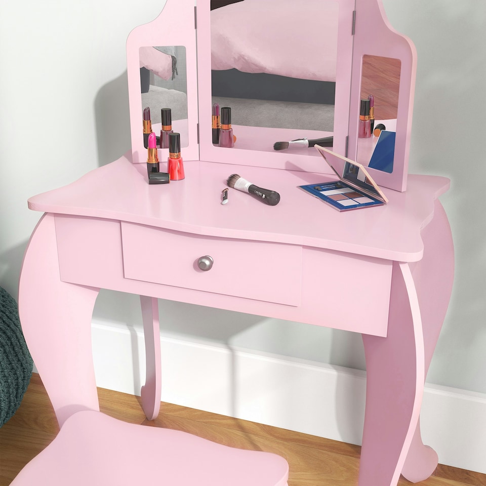 image 1 of HOMCOM Makeup Dressing Table Set with Tri-Folding Mirror and Drawer, Pink Pink