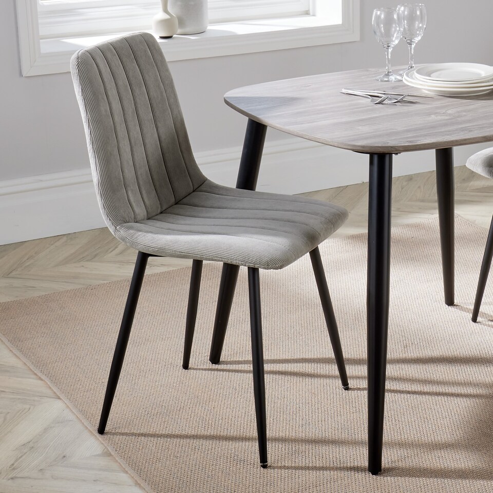 image 1 of Pair of Aspen Cord Fabric Straight Stitch Compact Dining Chairs with Black Tapered Metal Legs | Grey | Light Grey | 1