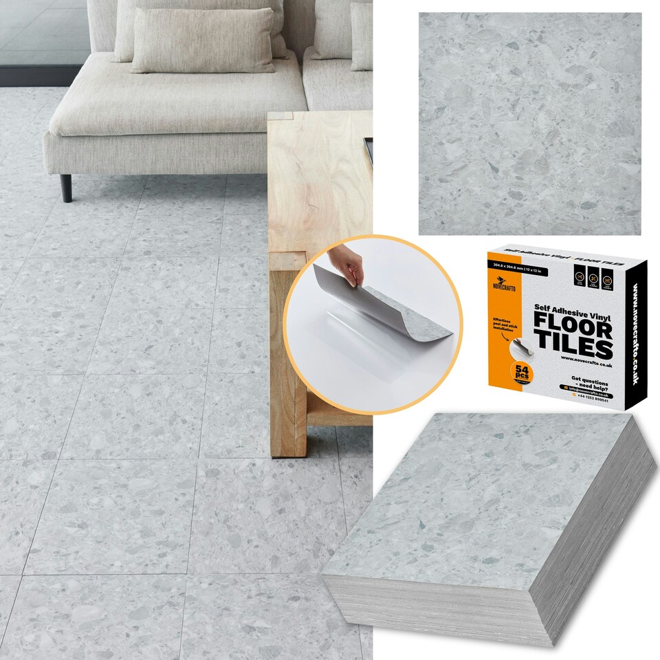 image 1 of NOVECRAFTO Vinyl Floor Tiles Self Adhesive – Peel and Stick 12x12in (30.5x30.5cm) Vinyl Flooring for Kitchen, Bathroom & Living Room – Arctic Terrazzo Design Grey | 5.57 sqm