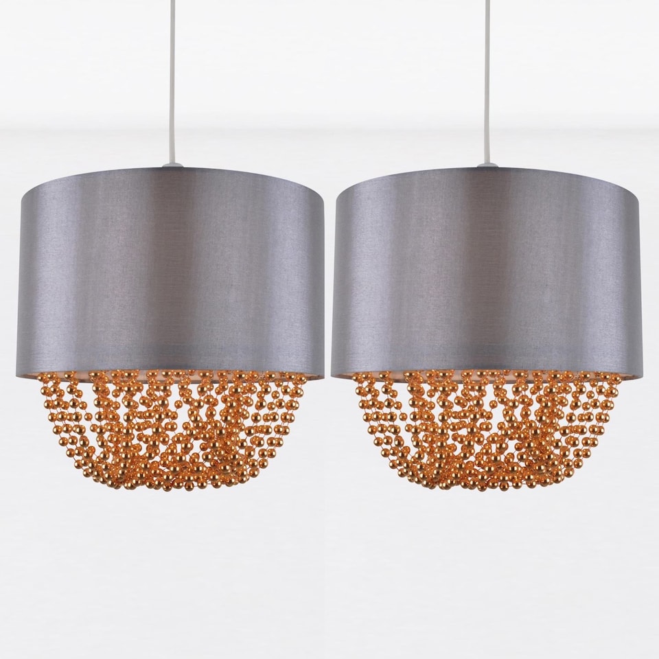 image 1 of Set of 2 Grey Faux Silk & Copper Jewelled Ceiling Light Shades | Grey | Copper | Medium | 2