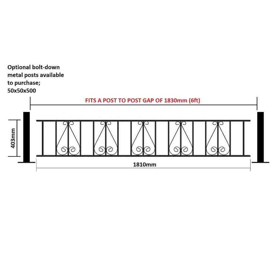 image 1 of Stirling Scroll Railing Panel - Solid Steel - Fits Gap of 1830 mm x 403 mm High - Electro Galvanised/Black Powder Coated | Black | 1