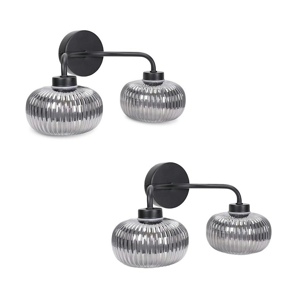 image 1 of ValueLights Amaia Pair Matte Black IP44 Rated 2 Way Smoked Glass Wall Lights with LED Bulbs