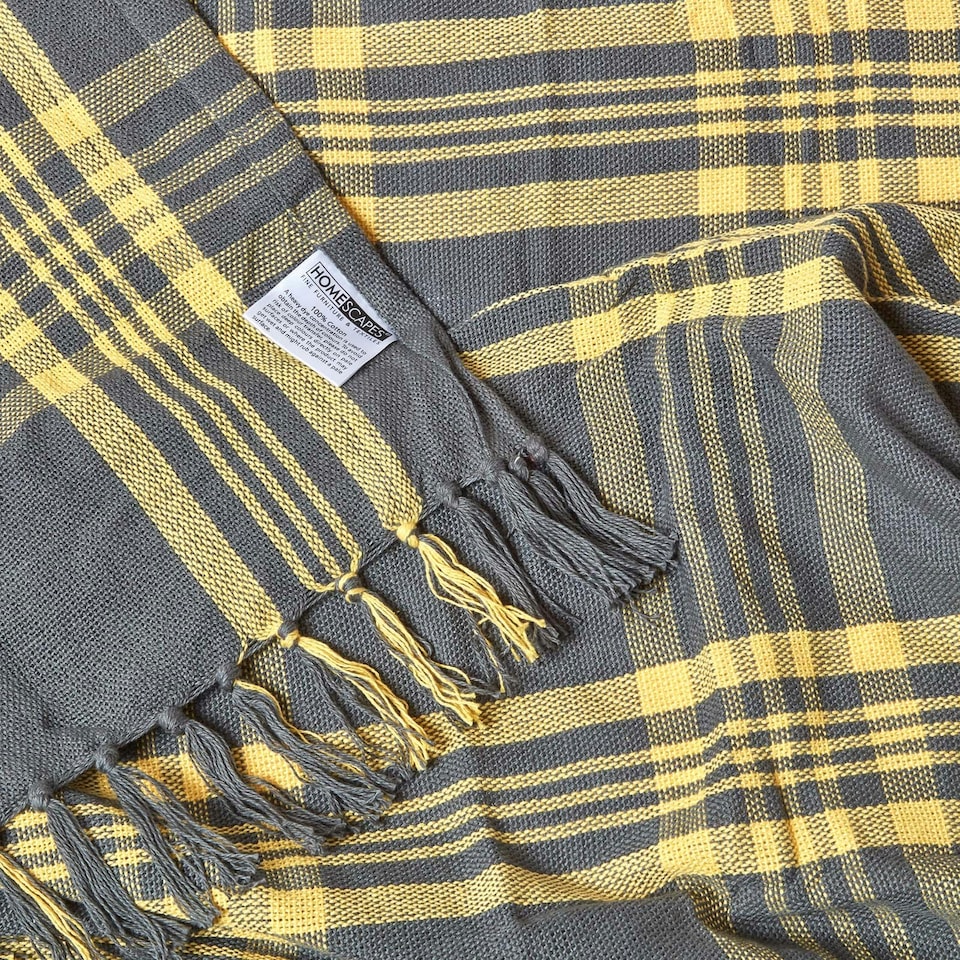 image 1 of Homescapes Grey and Yellow Tartan Check Sofa and Bed Throw - 255 x 360 cm | Grey