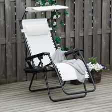 Outsunny Foldable Reclining Garden Chair with Headrest, Zero Gravity Deck Sun Lounger Seat Chair with Footrest, Armrest, Cup Holder & Canopy Shade, White