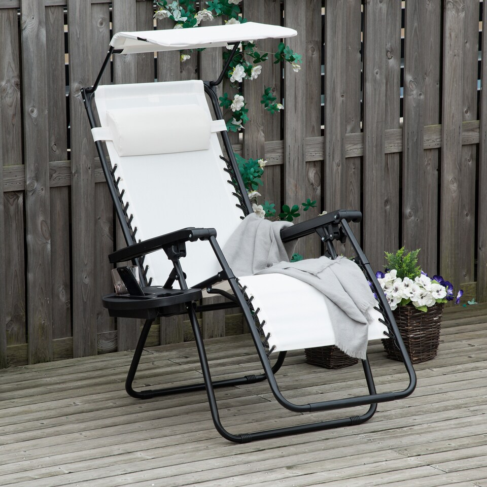 image 1 of Outsunny Foldable Reclining Garden Chair with Headrest, Zero Gravity Deck Sun Lounger Seat Chair with Footrest, Armrest, Cup Holder & Canopy Shade, White