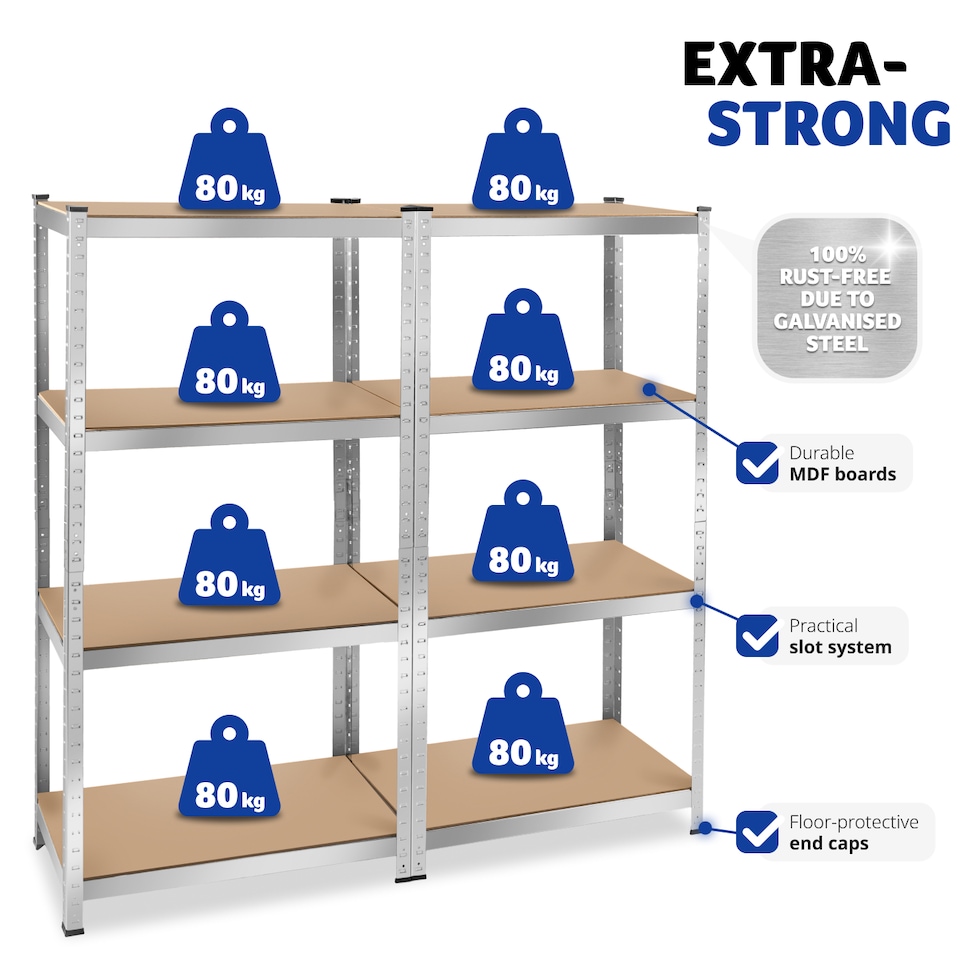 image 1 of Garage Shelving - heavy-duty galvanised steel frame, height-adjustable shelves | Silver | silver | 160 x 40 x 160 cm | 1