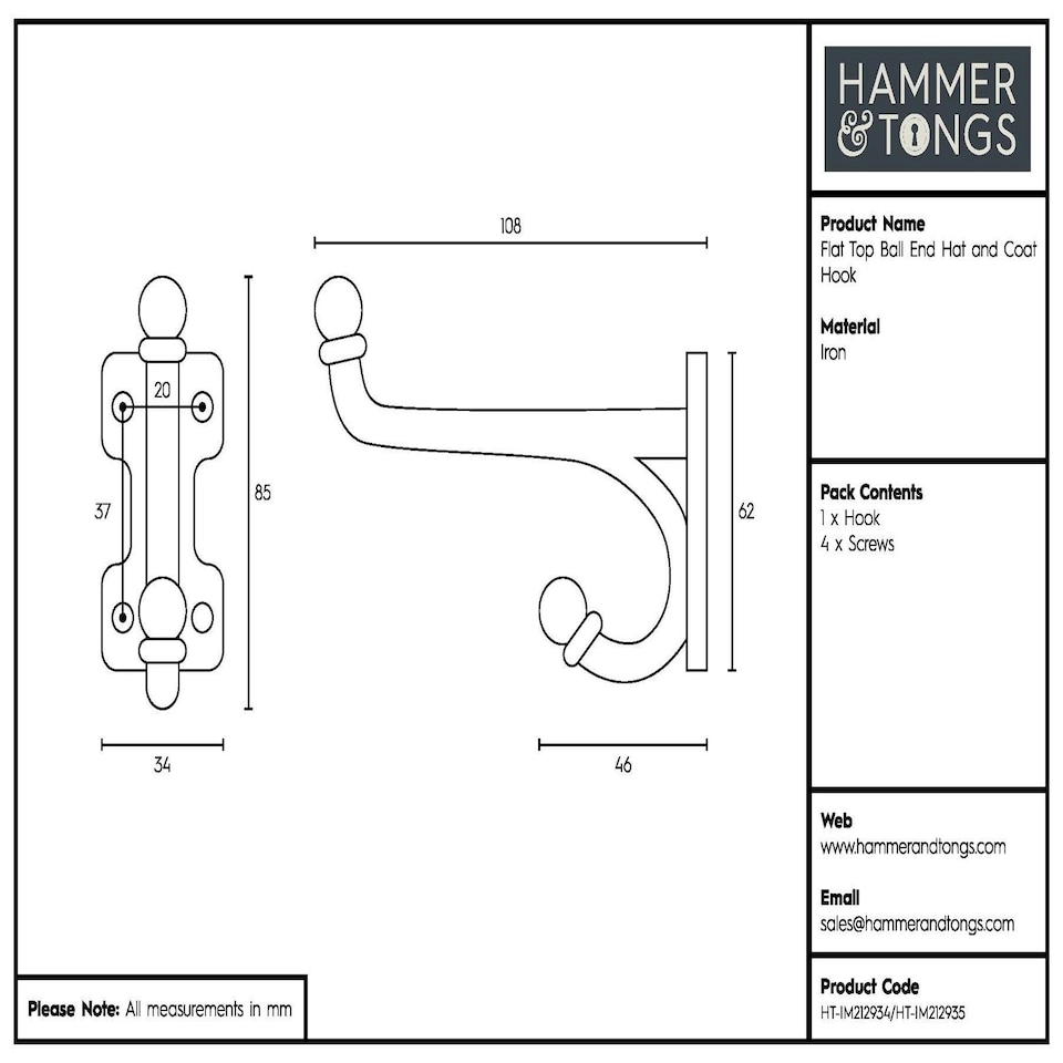 image 1 of Hammer & Tongs Flat Top Ball End Hat & Coat Hook - W35mm x H85mm - Raw