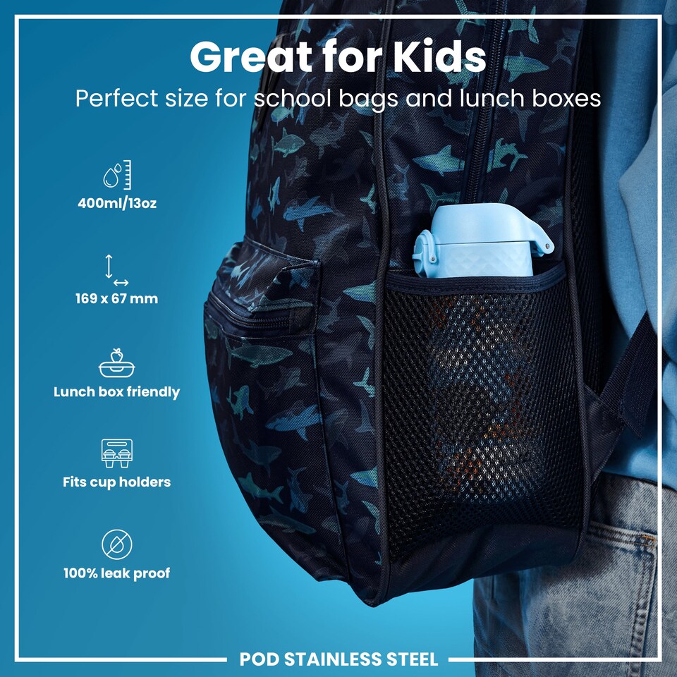 image 1 of Leak Proof Kids Water Bottle, Stainless Steel, 400ml (13oz) | Blue | Safari | One Size