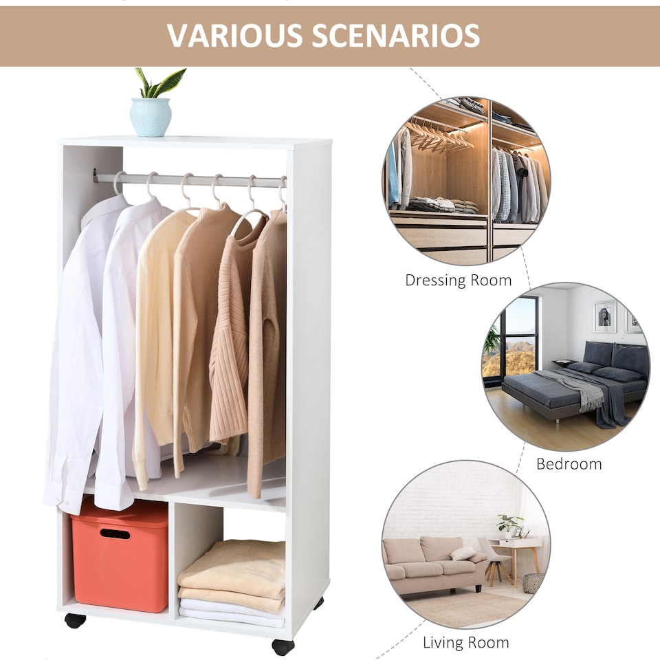 image 1 of HOMCOM Open Wardrobe on Wheels, Bedroom Wardrobe with Clothes Hanging Rail, 2 Storage Shelves, Mobile Garment Rack for Cloakroom, Hallway, White