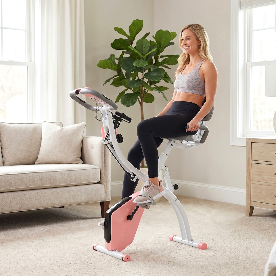 image 1 of HOMCOM 2-In-1 Folding Exercise Bike with 8-Level Magnetic Resistance Pink | Pink