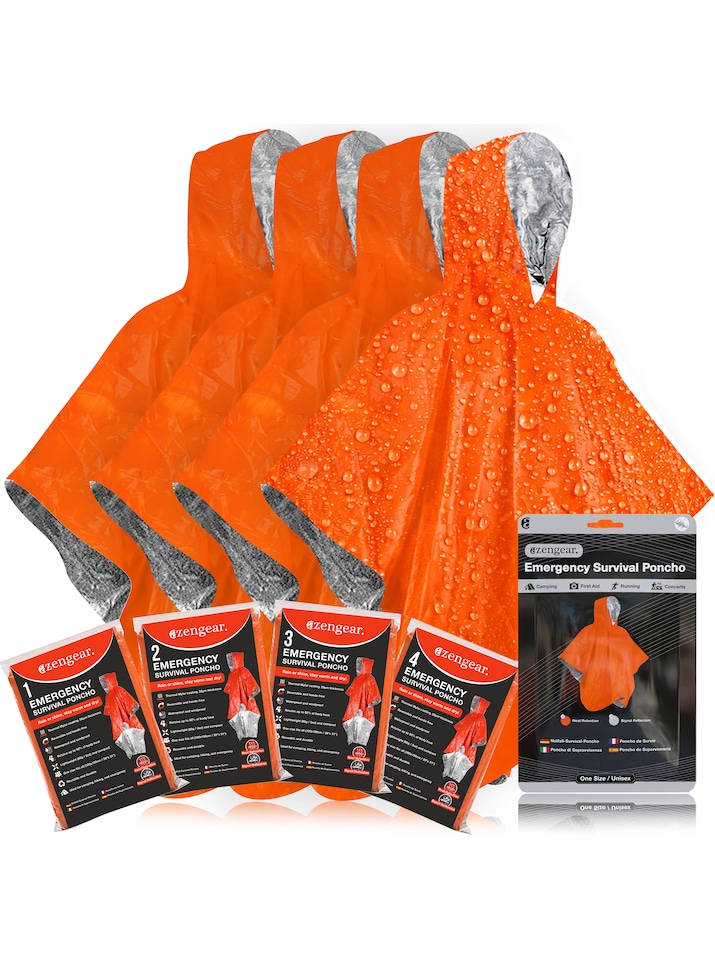 image 1 of aZengear Emergency Survival Poncho (4pc) Thermal Mylar Foil Coating Blanket for Heat Retention, Rain, Waterproof Outdoor Kit