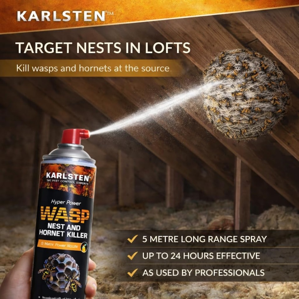 image 1 of Karlsten Hyper Power Wasp Nest & Hornet Killer Spray - 600ml High Strength Long Range 5 Metre Spray for Indoor and Outdoor