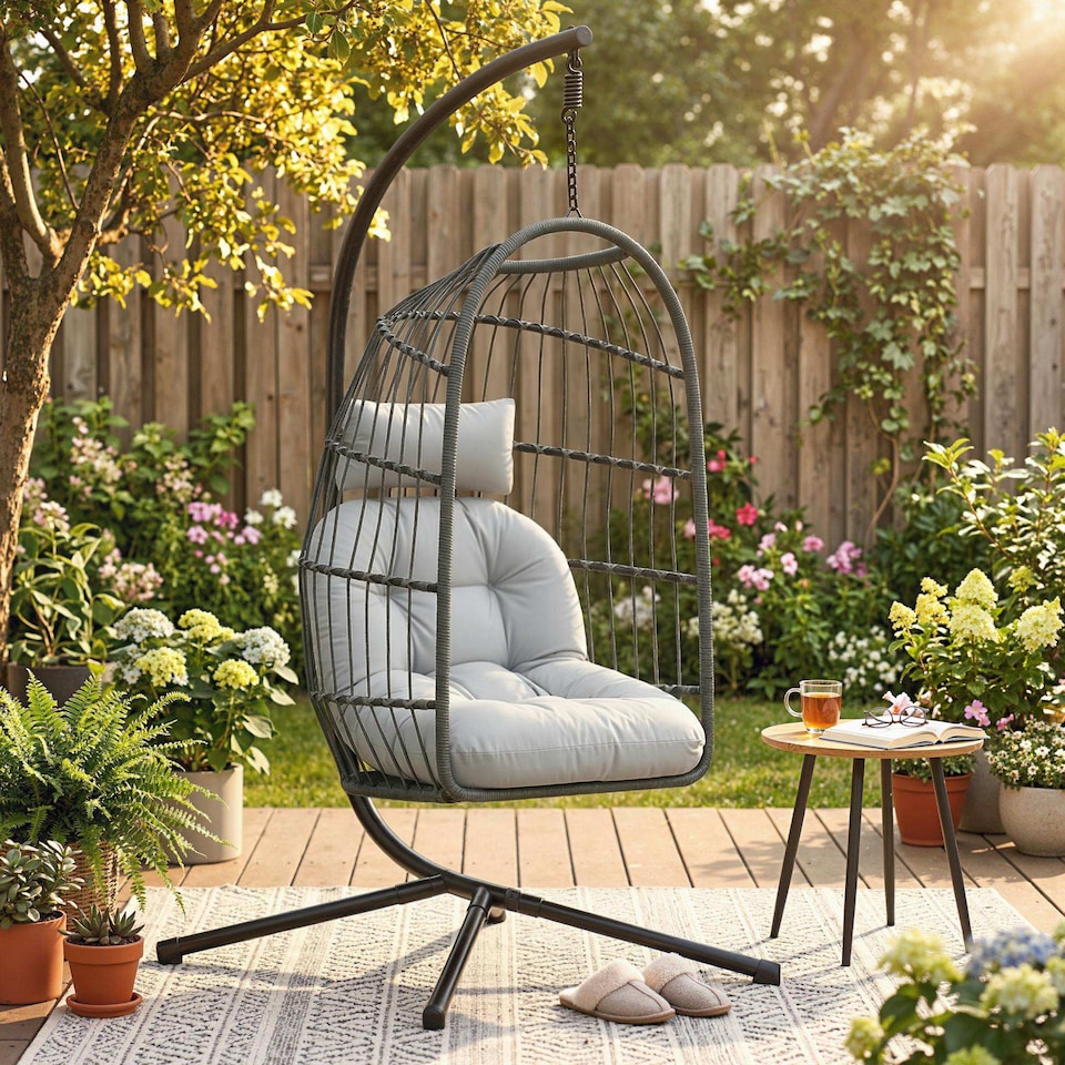 image 1 of Outsunny Hanging Egg Chair, Outdoor Swing Chair with Stand, Dark/Light Grey | Grey | Dark grey basket, light grey cushions | One Size