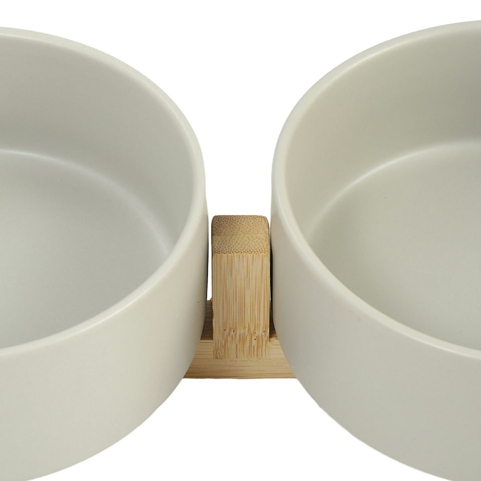 image 1 of Living and Home Double Ceramic Cat Bowl with Bamboo Stand ,Grey