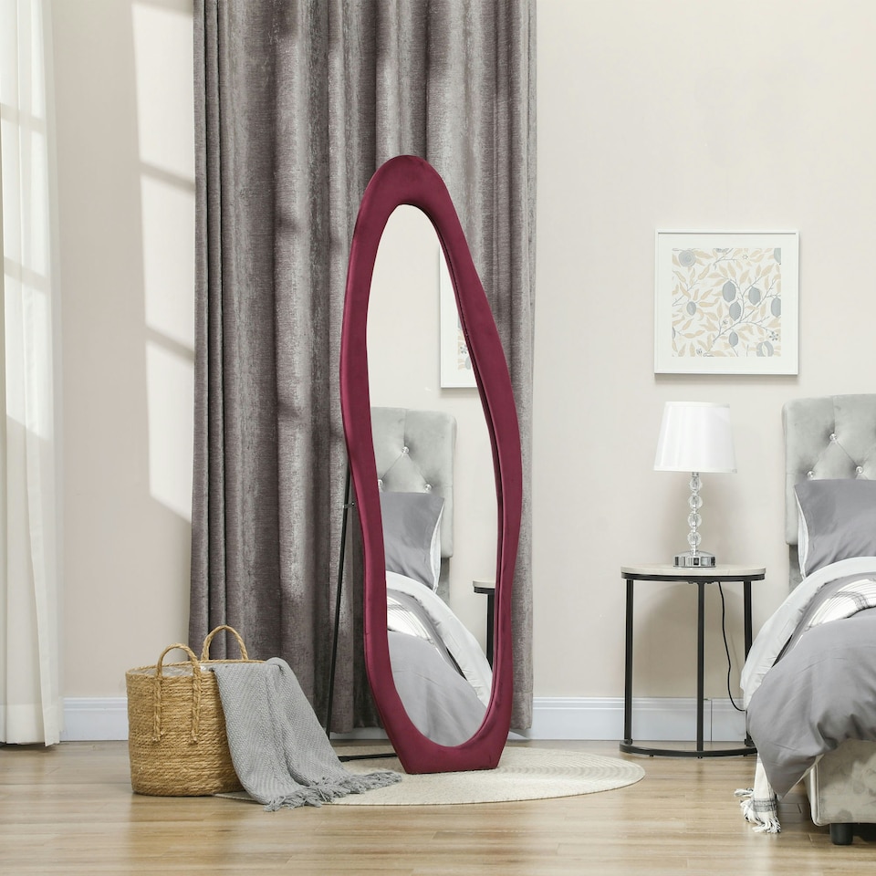 image 1 of HOMCOM Irregular Full Length Mirror with Velvet Frame 160 x 50cm Wine Red