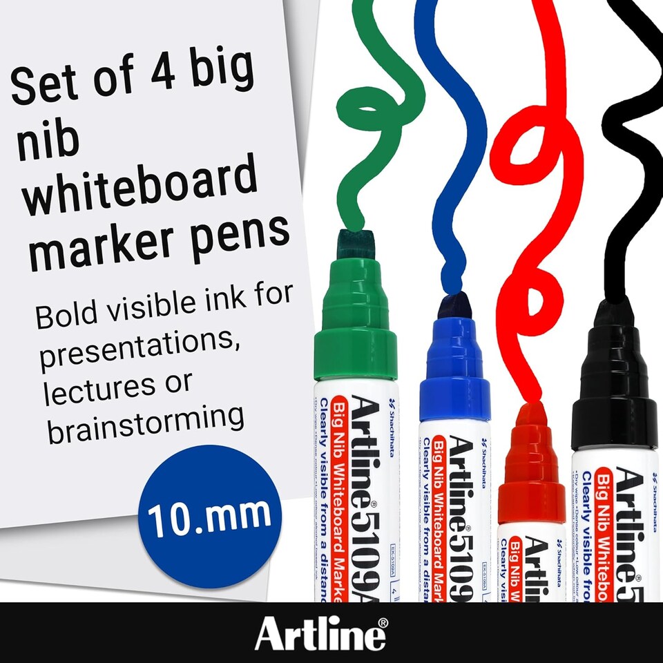 image 1 of Artline Big Nib Whiteboard Pens Chisel Nib Assorted 4 Pack