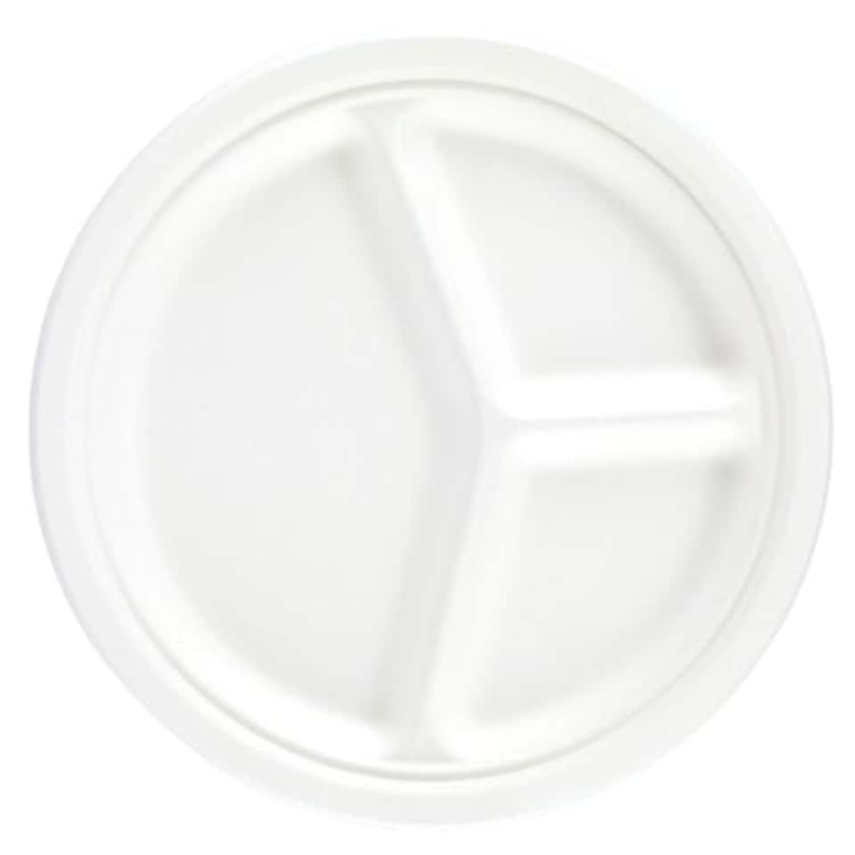 image 1 of White Round 3 Compartment Compostable Bagasse Plates 26cm - Pack of 25