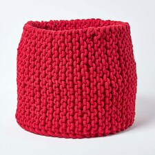 Homescapes Red Cotton Knitted Round Storage Basket - 42 x 37 cm | Red | Red | L