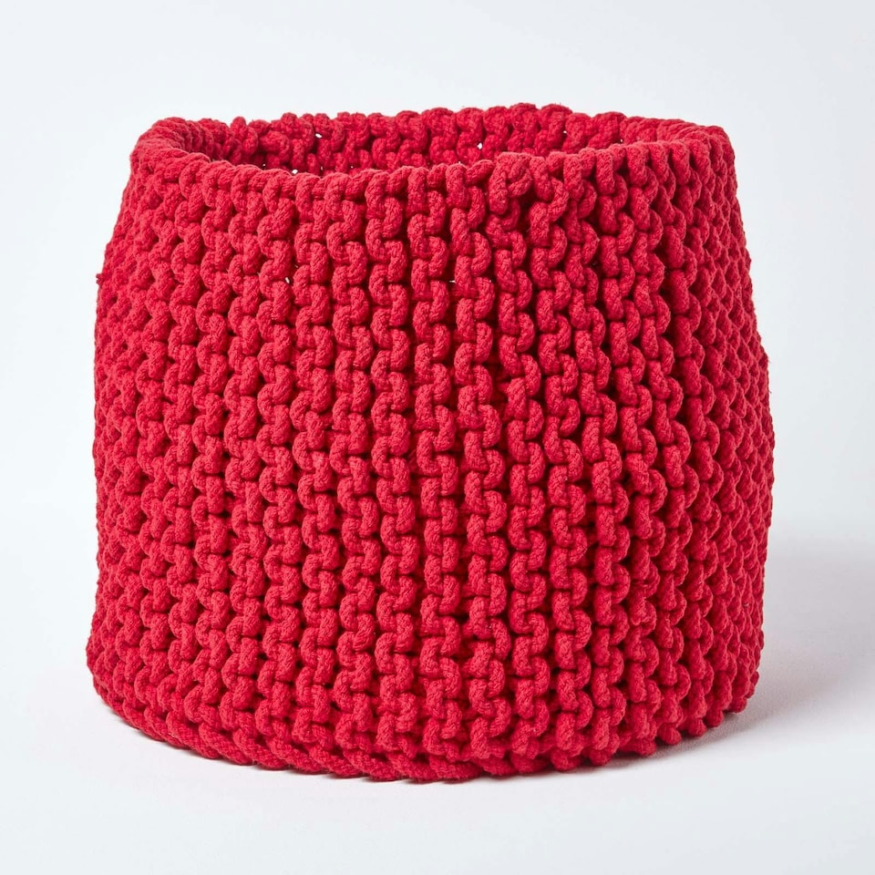 image 1 of Homescapes Red Cotton Knitted Round Storage Basket - 42 x 37 cm | Red | Red | L
