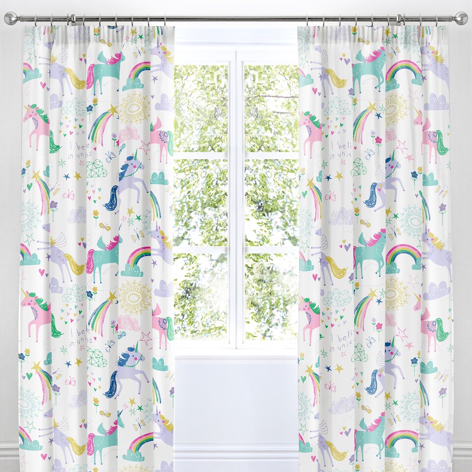 image 1 of Bedlam Rainbow Unicorn Pencil Pleat Curtains Multi