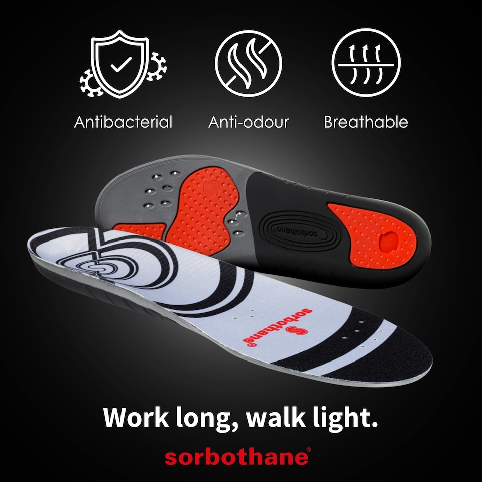 image 1 of Sorbothane Sorbo Pro Insoles Men & Women – Shock Absorbing Inserts For Pronation & Heel Pain Relief – Arch Support Shoe Insole For Running, Walking, Work Boots – Antibacterial, Size UK 10
