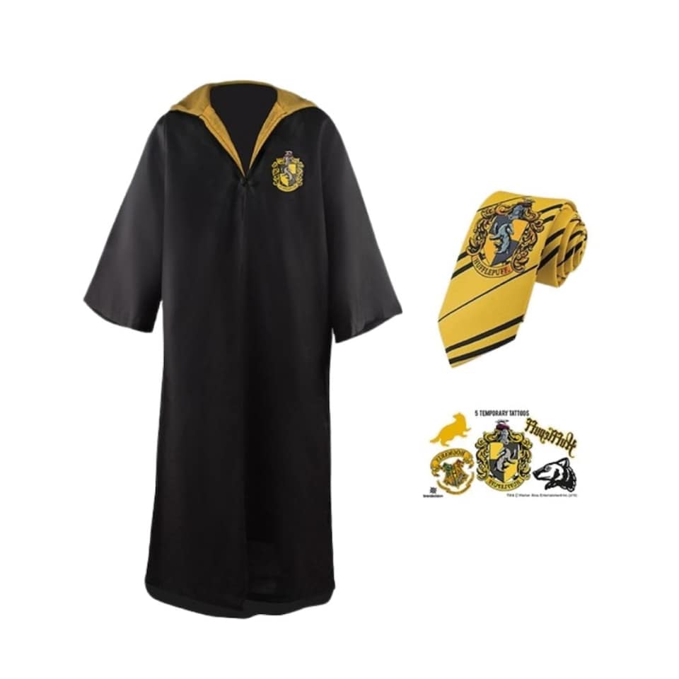 Harry Potter Costume - Hufflepuff Cloak, Tie & Tattoos | Black | M