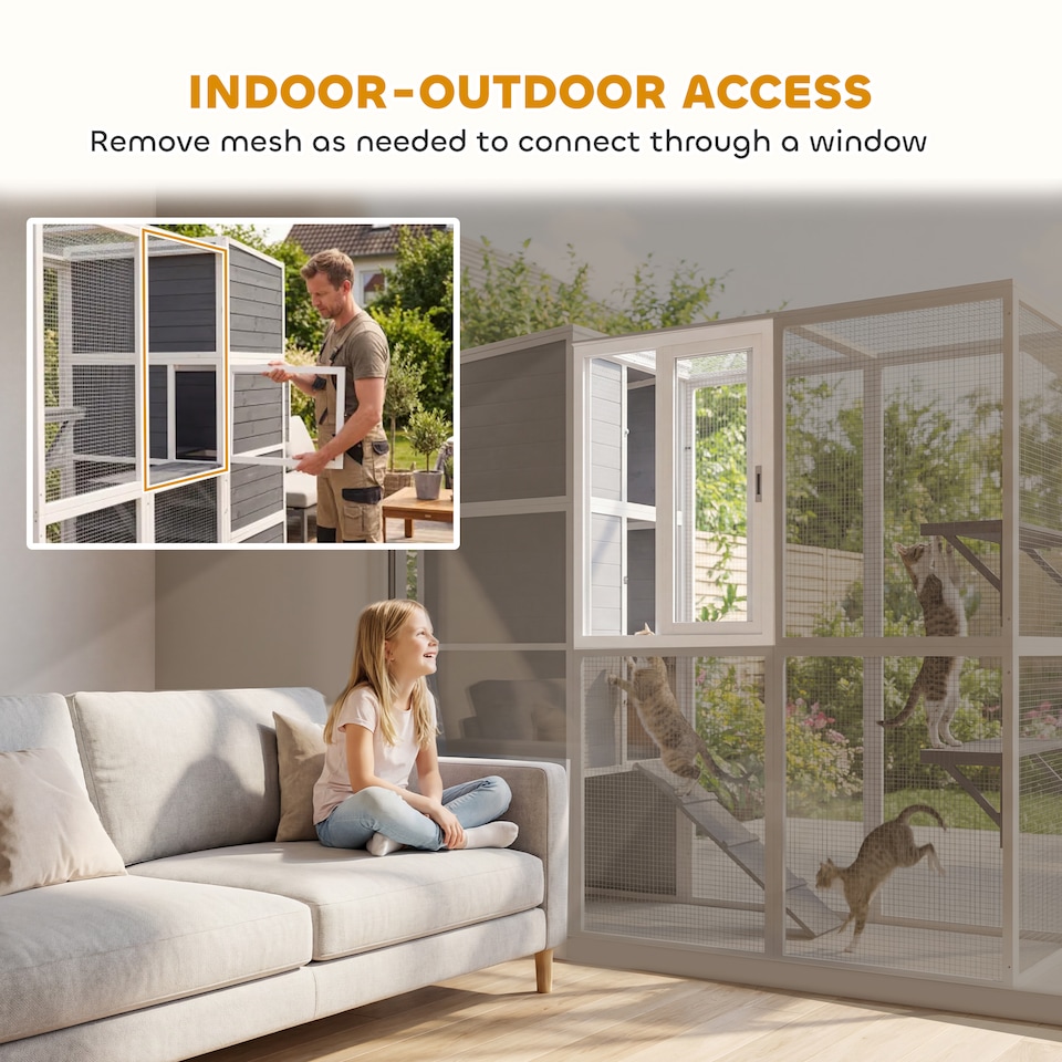image 1 of PawHut Wooden Catio with Spacious Resting Rooms, 3 Platforms, Window, Grey
