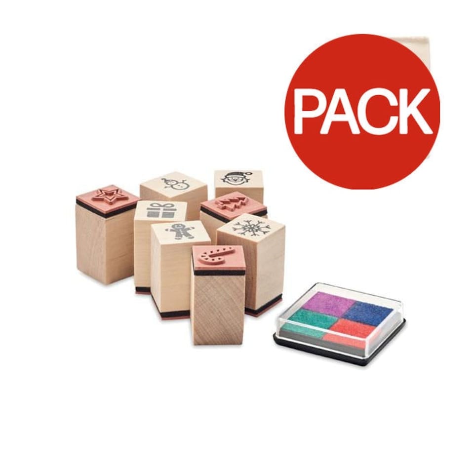 image 1 of MidOcean Stampie Wooden Christmas Ink Stamp Set (Pack of 8) - Beige/Multicoloured - One Size