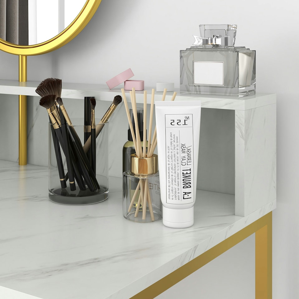 image 1 of HOMCOM Dressing Table Vanity Makeup Desk W/ Faux Marble and Steel Frame White