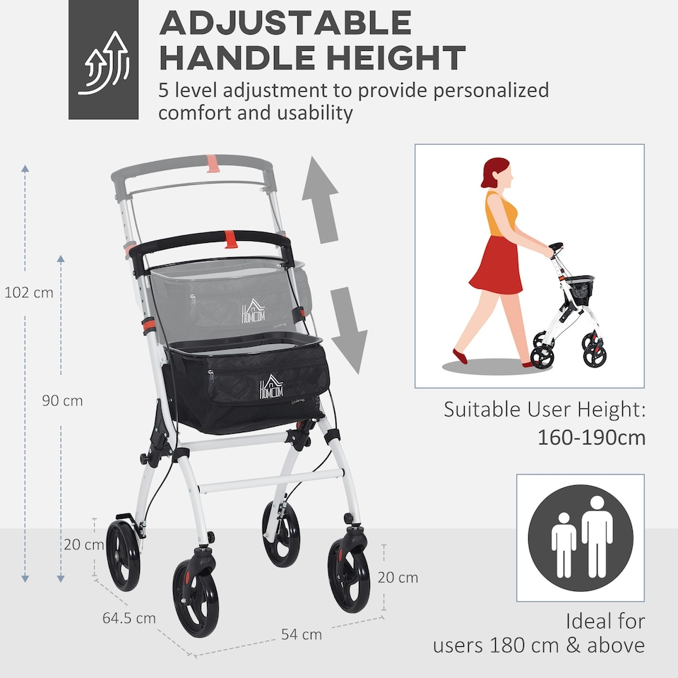 image 1 of HOMCOM Folding Upright Rollator Walker with Storage Bag, Tray, White