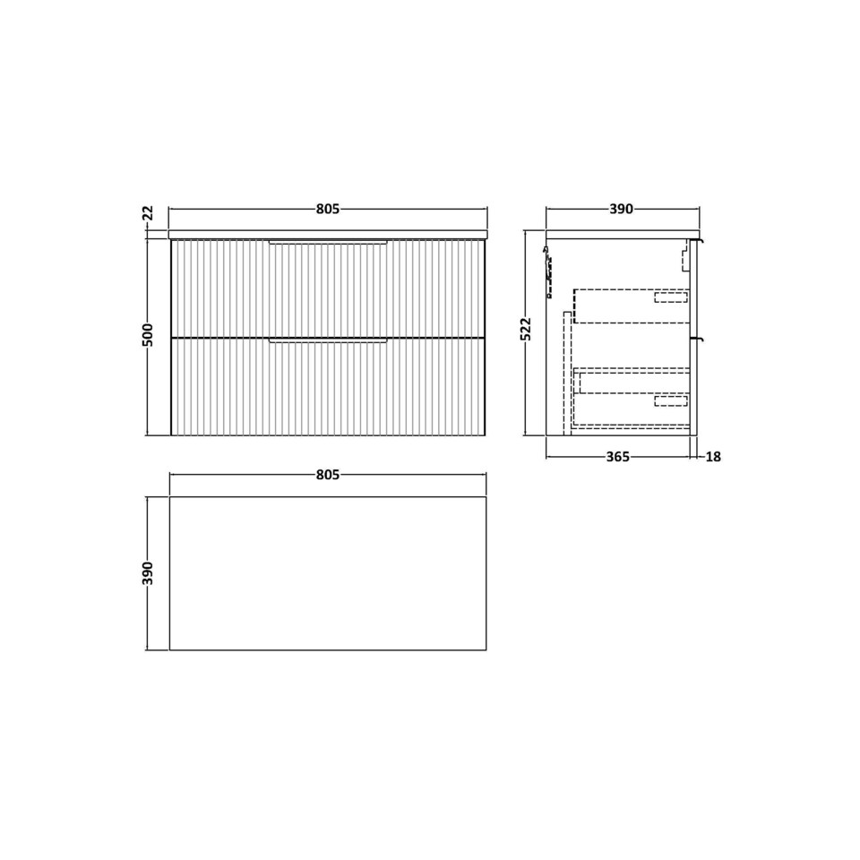 image 1 of Balterley Tixall Fluted 2 Drawer Wall Hung Vanity Unit with Laminate Worktop, Satin Blue, 800mm