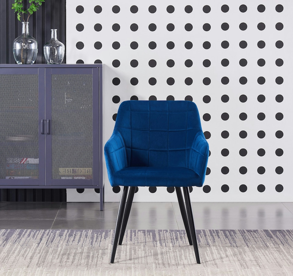 image 1 of Set of 4 Camden Modern Velvet Dining Chairs with Armrests, Quilted Design & Black Metal Legs | Blue