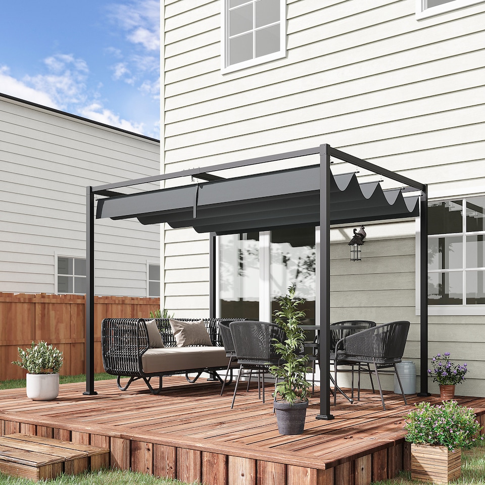 image 1 of Outsunny 3 x 2m Metal Outdoor Pergola with Retractable Roof, Outdoor Gazebo Canopy Shelter with Drainage Holes for Garden, Patio, Lawn, Grey