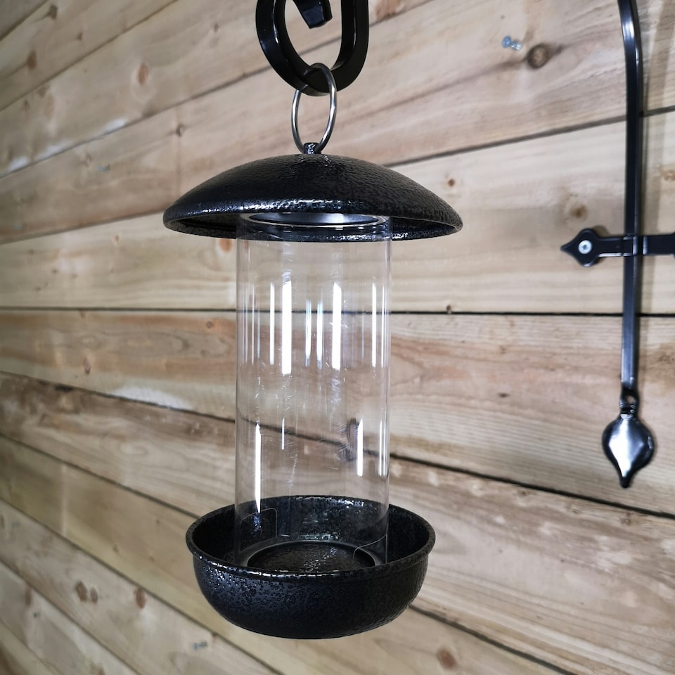 image 1 of Tom Chambers 2 Port Garden Wild Bird Hanging Hammered Steel Black and Silver Seed Feeder