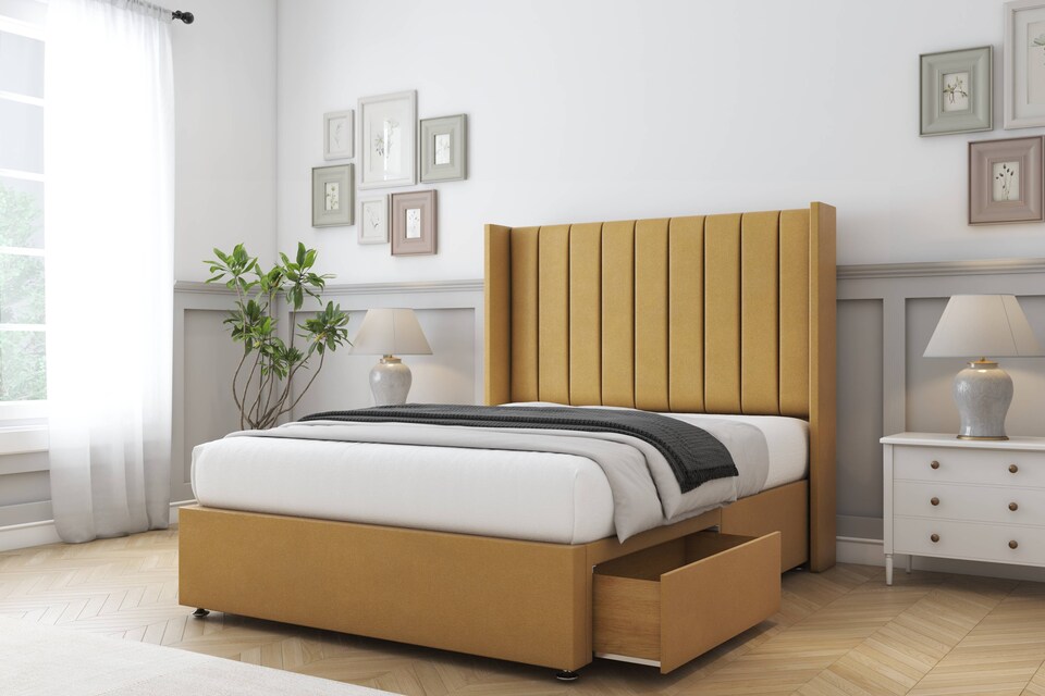 image 1 of Sloomy Falcon Mustard Plush Divan Bed Base 2 Drawers Foot-End With 54 Inch Wingback Headboard | Gold | Mustard | Super King | 1