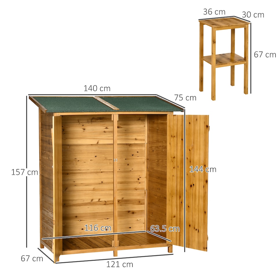 image 1 of Outsunny Small Shed, Wooden Garden Shed with Flexible Table, Hooks and Ground Nails, Lockable Tool Shed with Asphalt Roof, 140 x 75 x 157cm, Natural