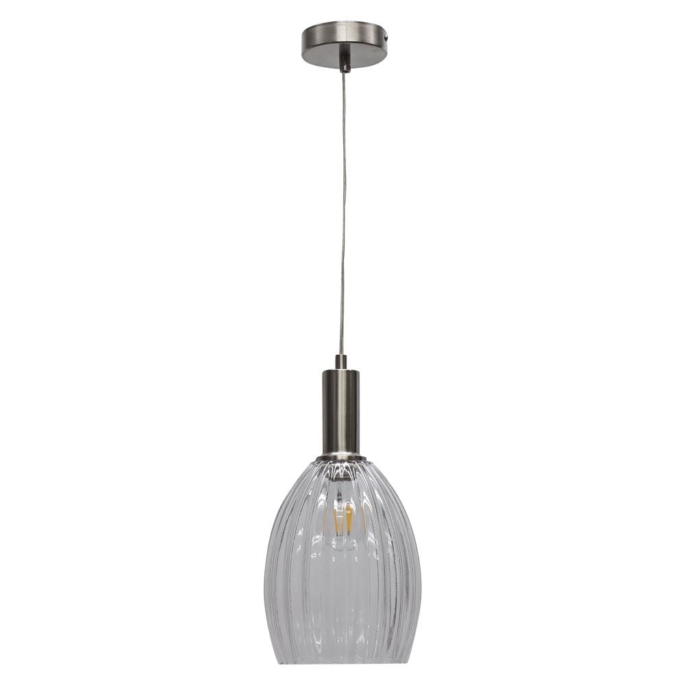 First Choice Lighting Birch - Clear Fluted Glass Satin Nickel Deco Pendant Fitting