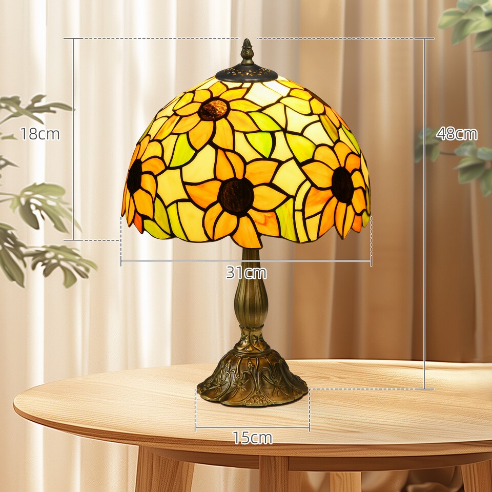 image 1 of HOMCOM Stained Glass Table Lamp, Handmade Antique Bedside Lamp for Bedroom, Living room, Home, Nightstand, Decorative Night Light, Orange Sunflower