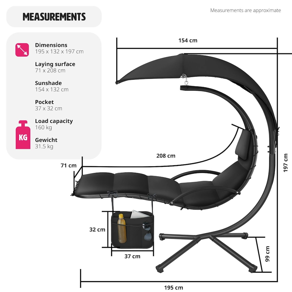 image 1 of Hanging Chair Elaria - large sun canopy with UV-protection, sturdy Black