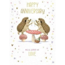 Words 'n' Wishes Large Anniversary Card - Hedgehog Champagne Toast on Toadstools with Embossed Foil Details - Eco-Friendly