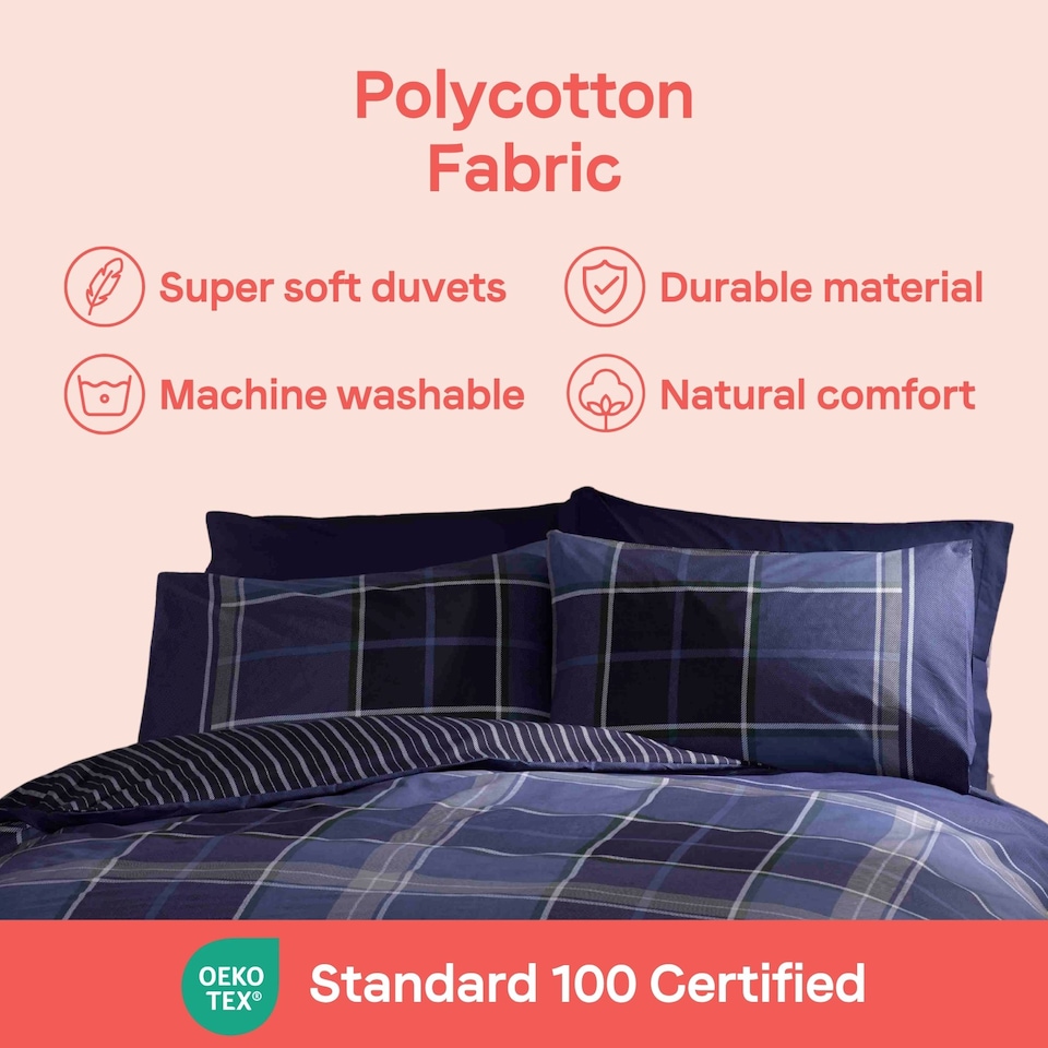 image 1 of Argyle Design Tartan Polycotton Duvet Set With Pillowcase | Blue | 1