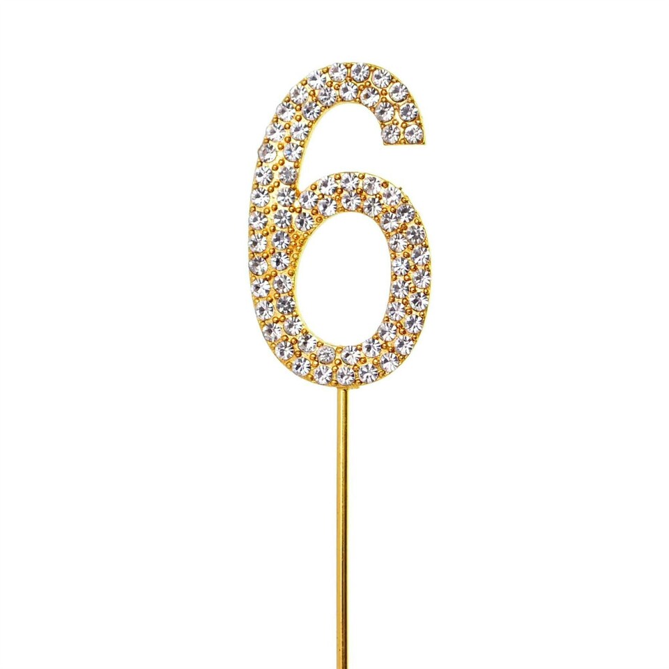 image 1 of Gold Sparkle Diamond Number 6 Cake Topper Gold
