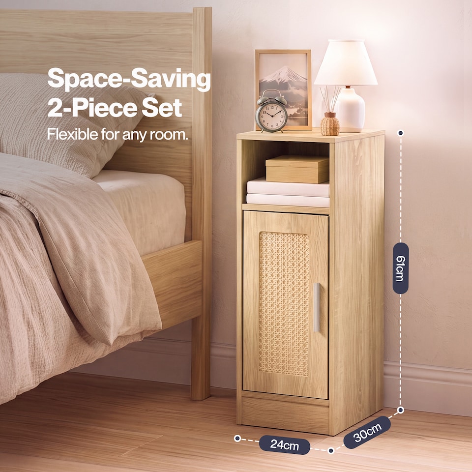 image 1 of Levede Bedside Table 2 Pc Narrow Side Table Boho Rattan Storage For Bedroom Wood
