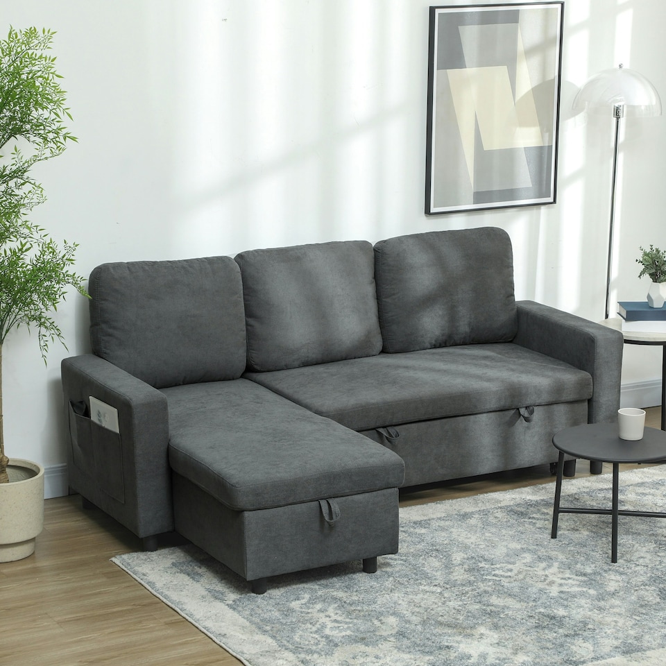 image 1 of HOMCOM Pull Out Sofa Bed L Shape w/ Reversible Chaise Dark Grey Grey